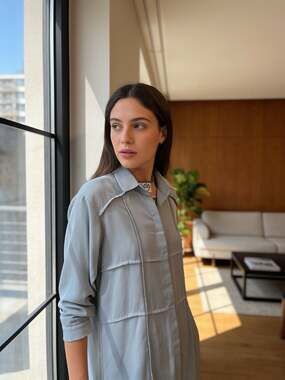 Lola May Light Blue Long Sleeve Button-Down Shirt with Patchwork Detail